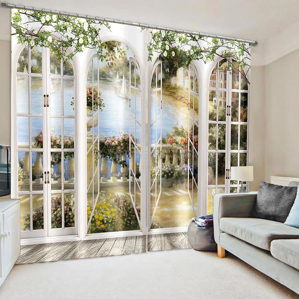 Wald Fenster 3D Natur Landschaft Strand Meer Baum Grün Vorhänge Fenstergardinen für Wohnzimmer Schlafzimmer Küche 2 Stück Dekor