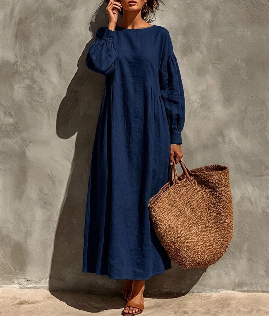 2026 Autumn/Winter Linen Puff Sleeve Round Neck Maxi Beach Dress for Women