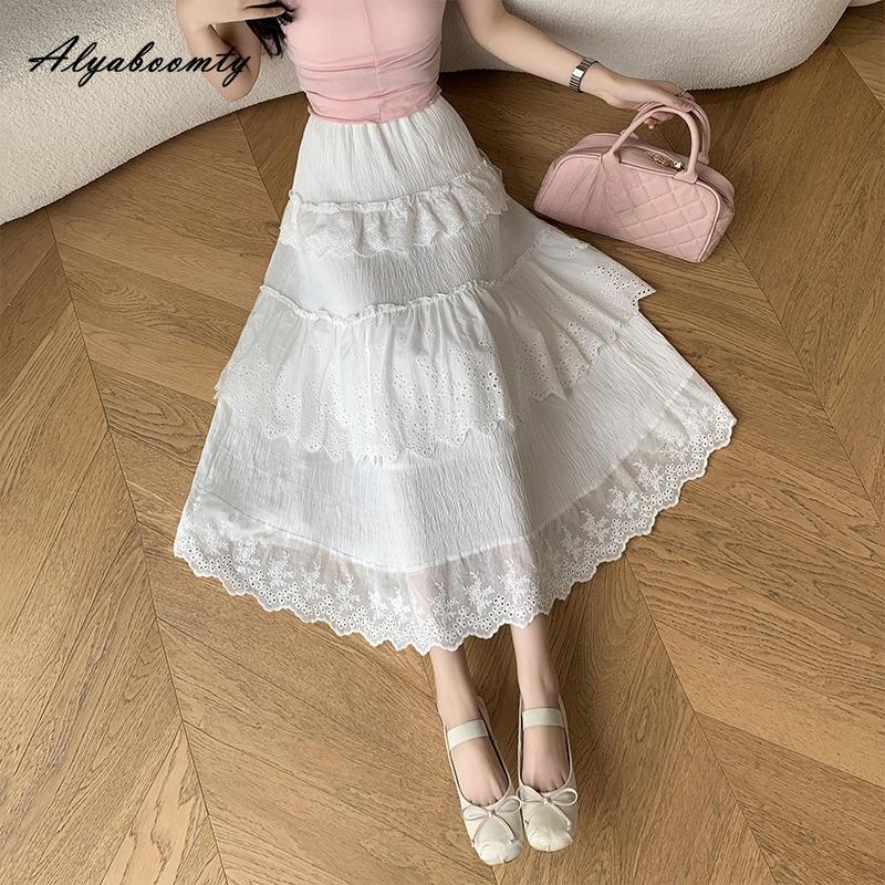 

Летняя женская юбка принцессы во французском стиле с высокой талией, белая, абрикосовая, ажурная, миди-юбка, многослойные оборки, праздничные женственные юбки One Size белый