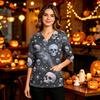 Women's Casual Uniform Top, V-Neck Halloween Print with Pockets and Side Slit, 3/4 Sleeve