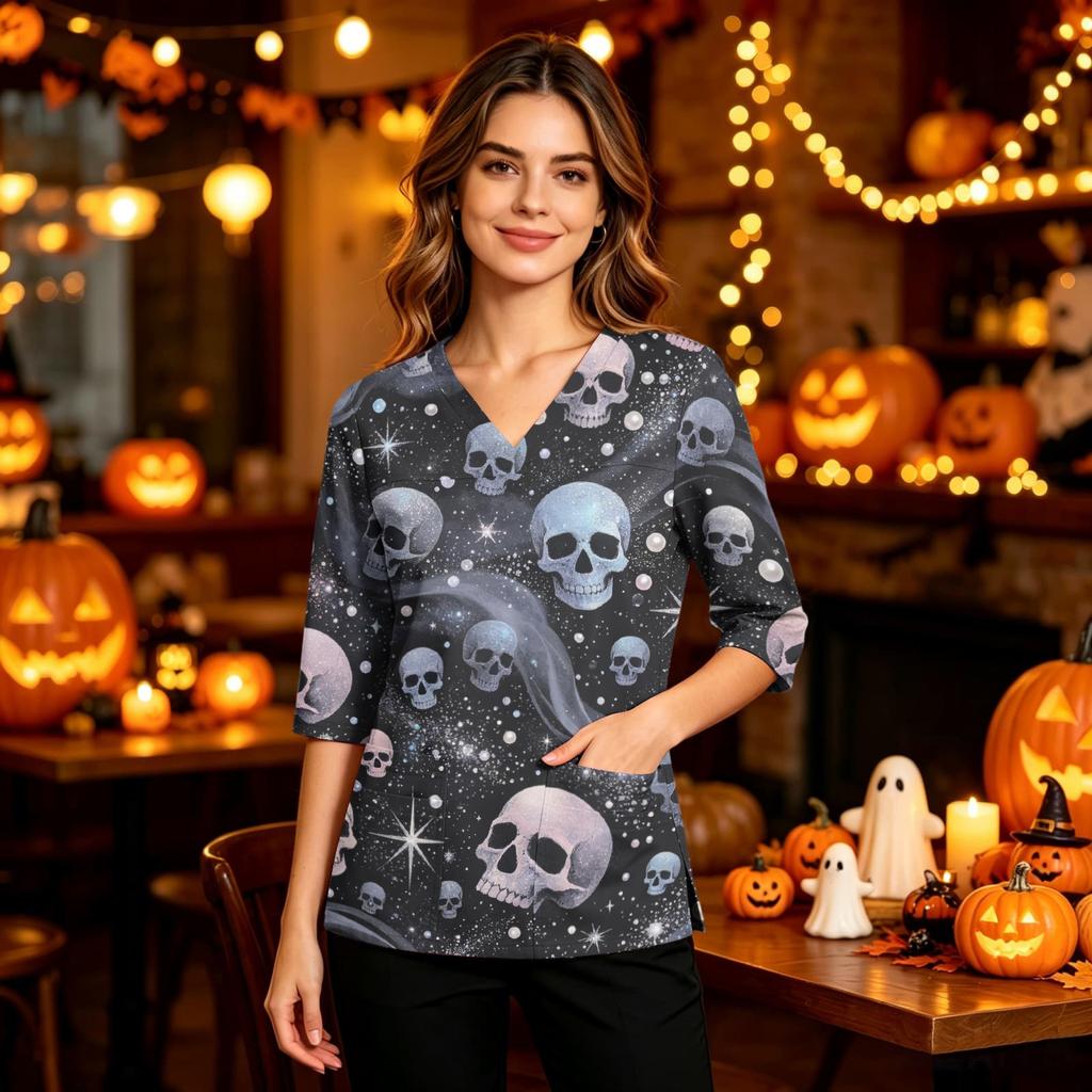 Women's Casual Uniform Top, V-Neck Halloween Print with Pockets and Side Slit, 3/4 Sleeve