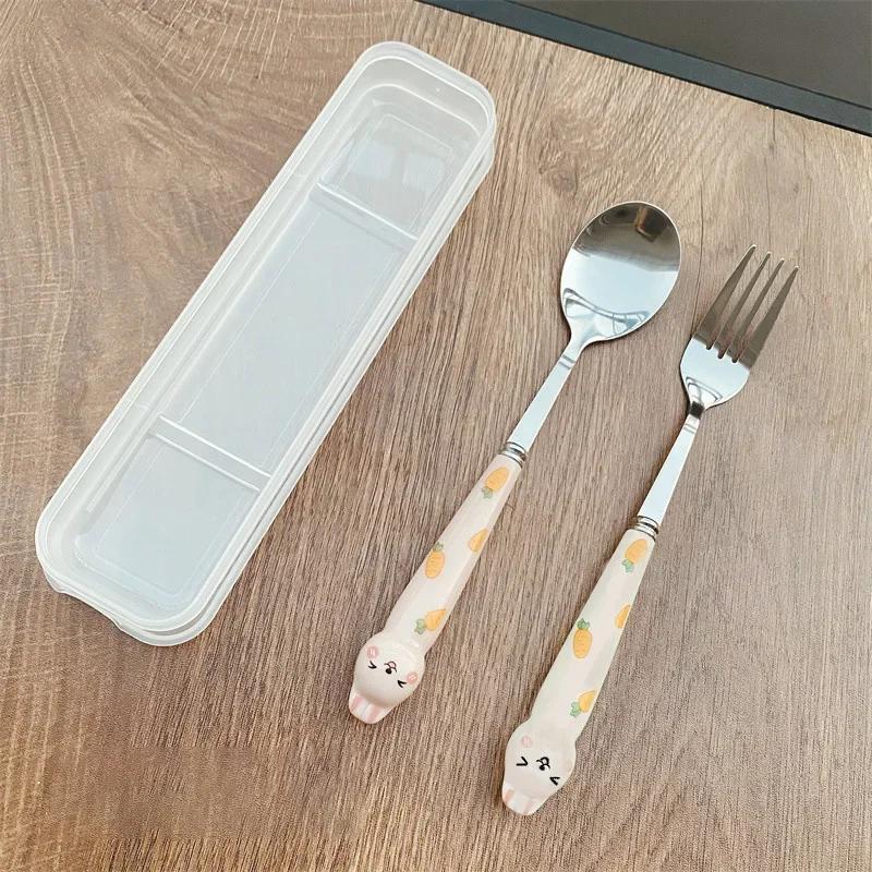 Stainless Steel Cartoon Knife Fork Spoon Kitchen Dinnerware Animals Glossy Ceramic Handle Set With Box For Dessert Steak