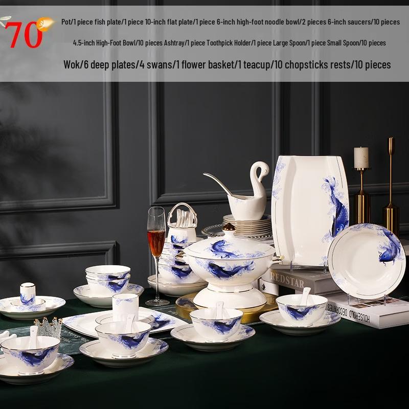 Zhishi Jingdezhen 70-Piece Bone China Dinnerware Set - Colorful Koi