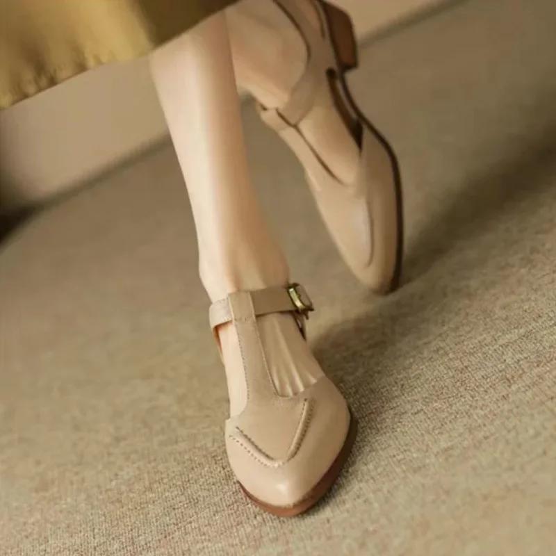 Fashion Women's Sandals Soft Leather Pointed Toe Wide Strap Buckle Single Shoes Rubber Sole China Made Ladies Shoes