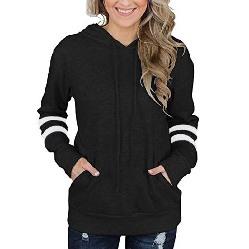 Autumn and Winter New Women's Contrast Striped Hoodie Loose Kangaroo Pocket Sweater