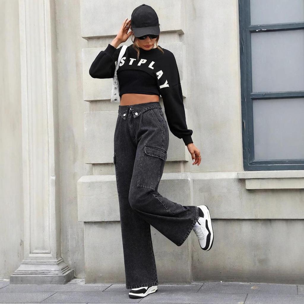 In-Stock Women's European & American Style Casual Loose Denim Pants with Large Pockets