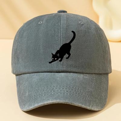 Classic European And American Style Black Cat Printed Baseball Cap for Men, Featuring a Washed Vintage Design, Adjustable Size,