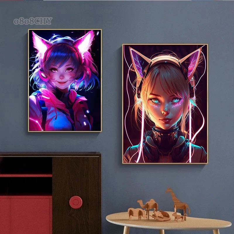 Neon Anime Cat Girl Posters Prints Canvas Painting Manga Neon Canvas Wall Art Pictures for Modern Home Girl Bedroom Game Decor