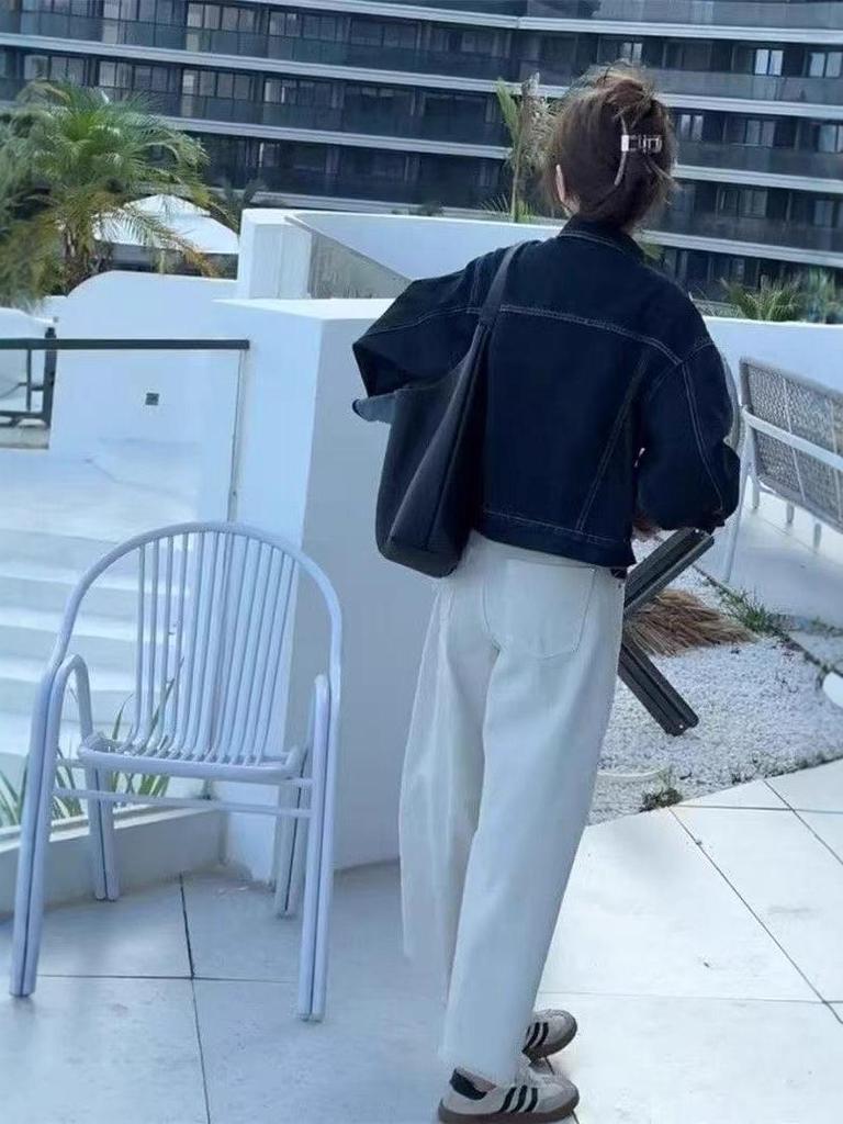 Deep Blue Short Denim Jacket for Women - Korean Style Slim Fit with Casual Pocket Design