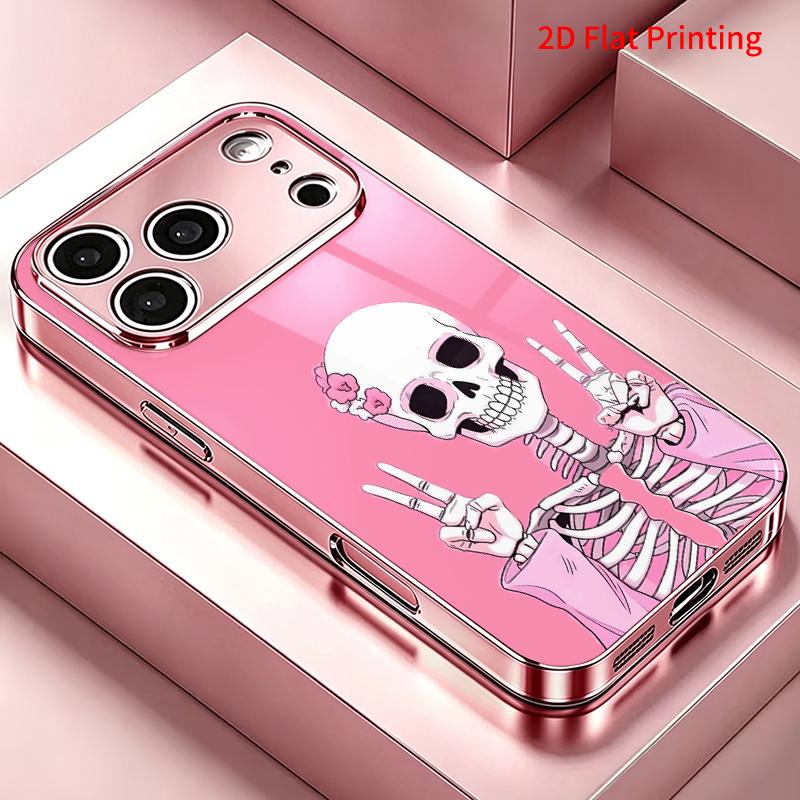 2DFlat electroplated tempered glass phone case,Cute Pink Skeleton Peace Sign Phone Case,suitable for iPhone 18 Pro Max 17 16 15 14 13 12 11