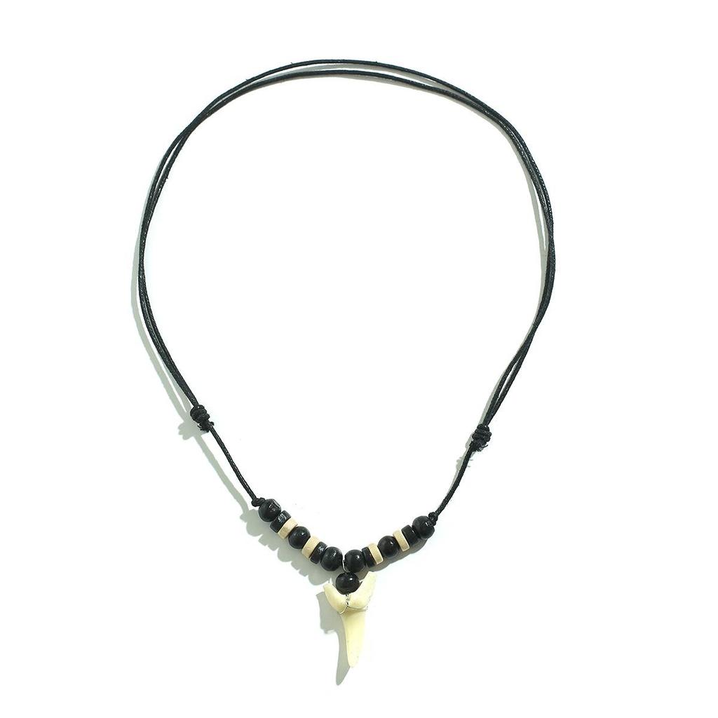 European & American Fashion Wood Bead Shark Tooth Necklace - Men's High-End Hip Hop Jewelry
