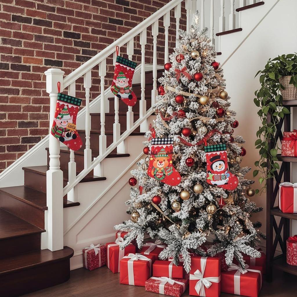 Set of 4 Christmas Decorations Stockings Snowman, Santa, Reindeer Socks Christmas Tree Decoration Items Gifts Hangings Stocking Set