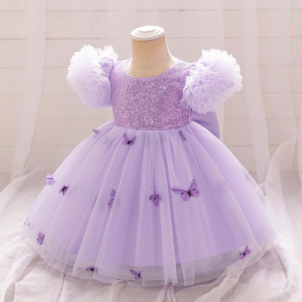 Purple Mesh Butterfly Princess Dress with Puffy Bubble Sleeves for Girls