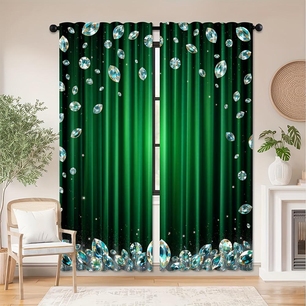 2Pcs Polyester Emerald Diamond Washing Printing Window Curtains Birthday Party Decoration Backdrop Drapes for Living Room