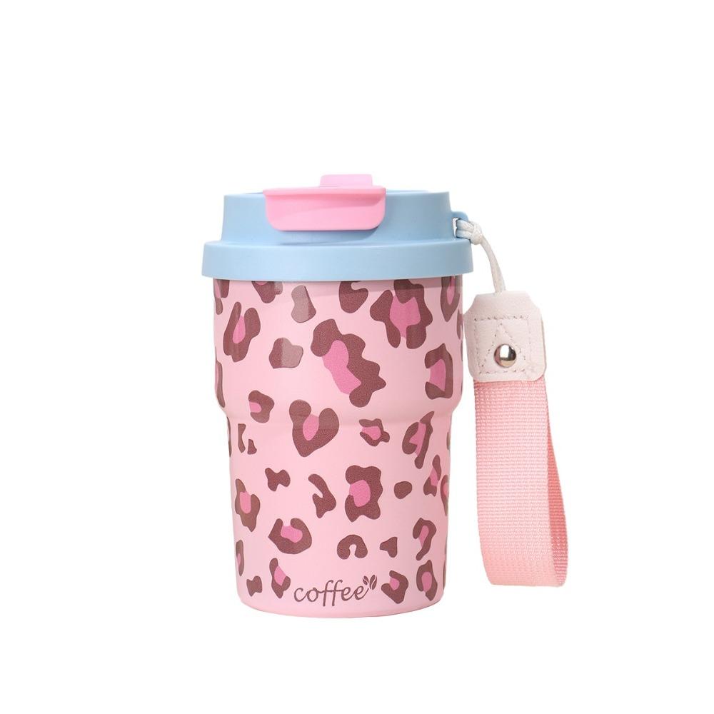 Leopard Print Thermal Water Bottle 450ml Drinking Straw Cup Vacuum Flask Sports Activities