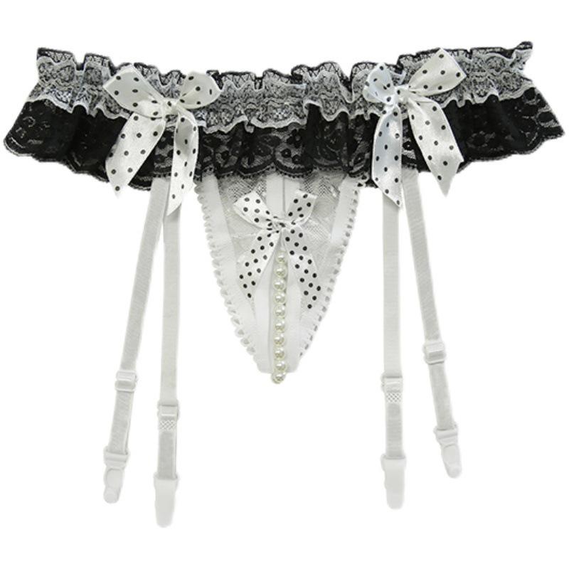 Seductive Women's Lace Pearl Thong with Open Crotch & Garter Belt