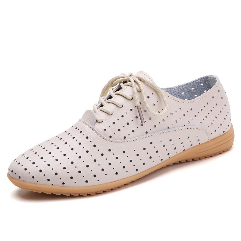 Small Leather Shoes Women's Hollow Breathable Summer Work Shoes Versatile Personalized Casual Shoes Lace-up Flat Shoes