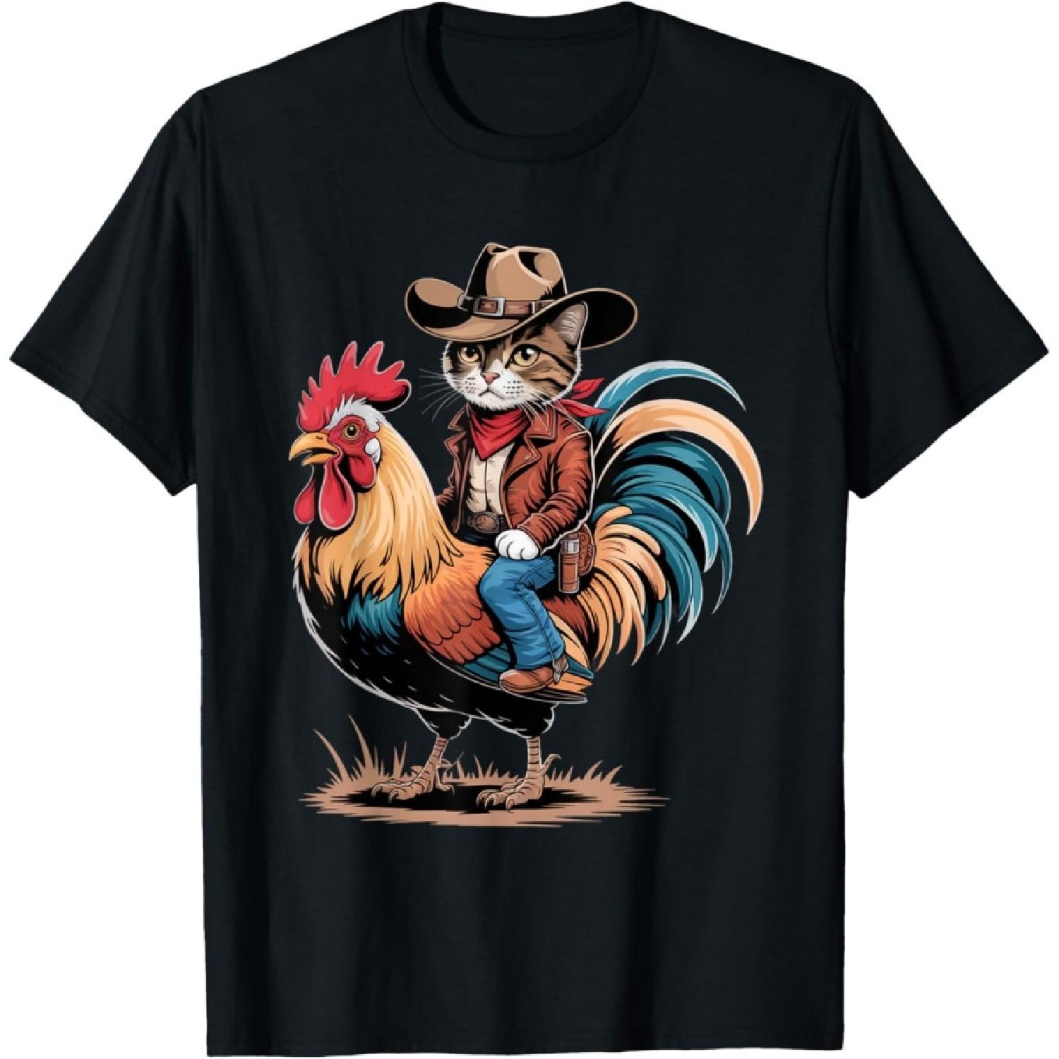 Cowboy Cat Riding Chicken Funny Western Vintage Design T-Shirt S