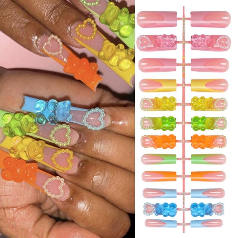Square Long False Nail With 3D Heart And Bear Decoration Stick on Nail Full Cover Artificial Nail For Special Occasion