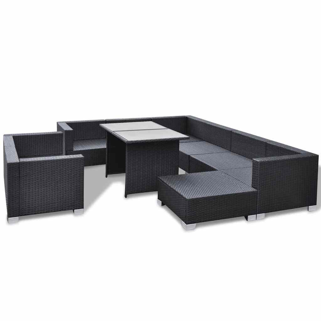 10 piece Garden Lounge Set with Cushions Poly Rattan Black