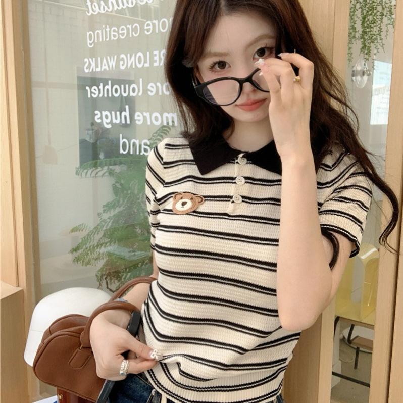 Design sense contrasting colors striped slim and thin short-sleeved Polo collar T-shirt summer versatile fashion niche top