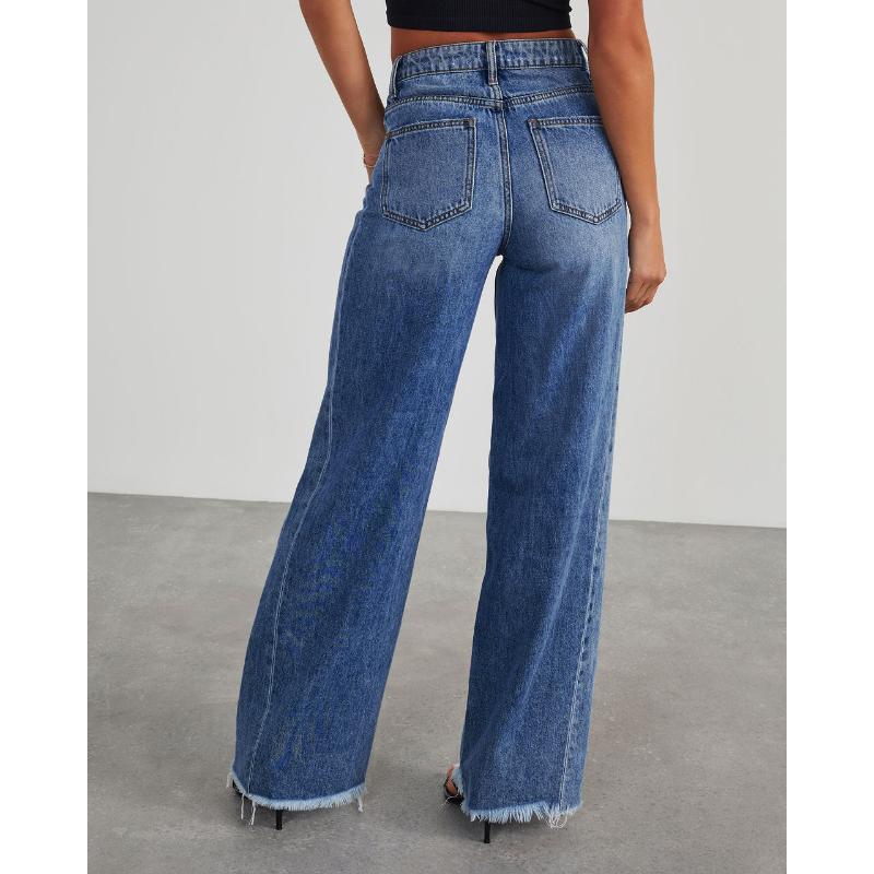 Neue Damen Vintage Gewaschene Gerade Bein Jeans, Lockere Passform Breite Beine Bodenlange Denim Hosen für Lässige Streetwear