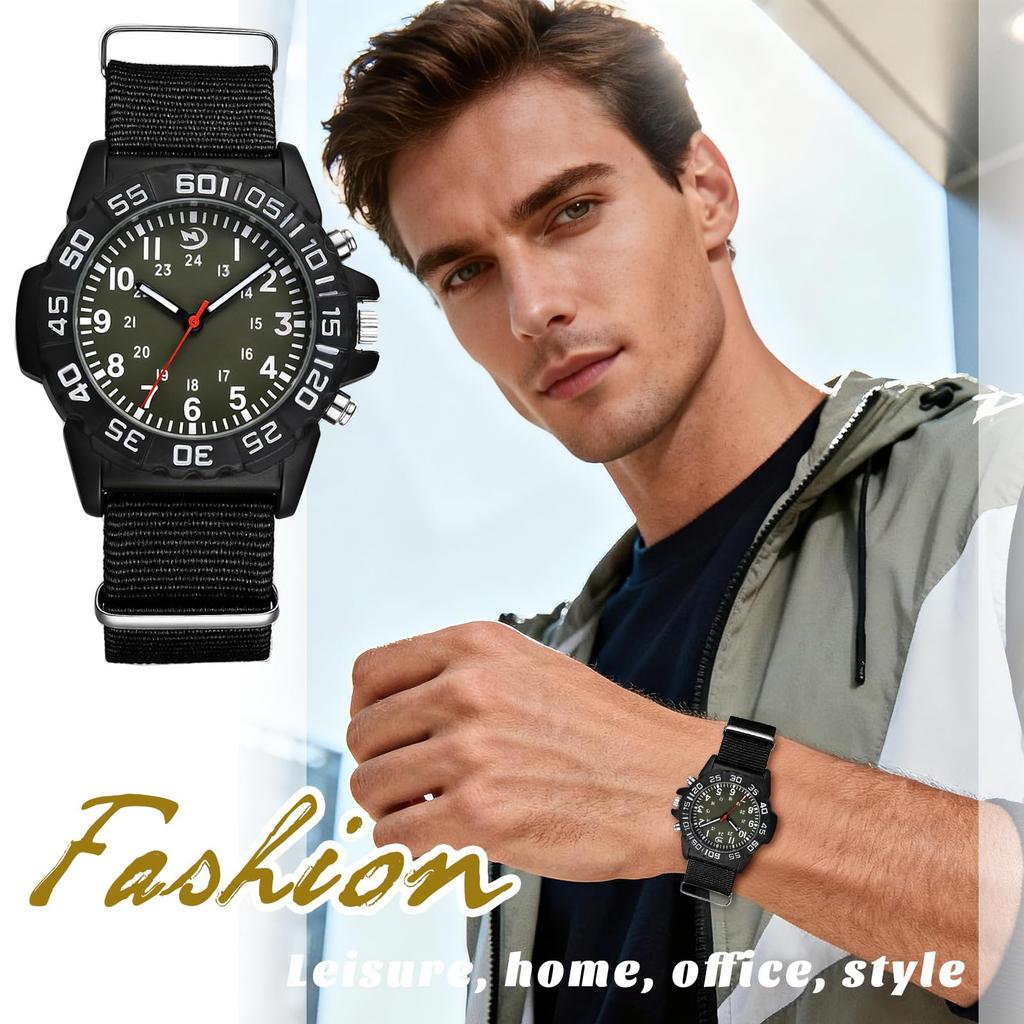 Watch Men Military Nylon Strap Waterproof Luminous Analog Display Calendar Simple Fashion Sports Watch 12/24 Hour Format Quartz Men Fashion Accessory