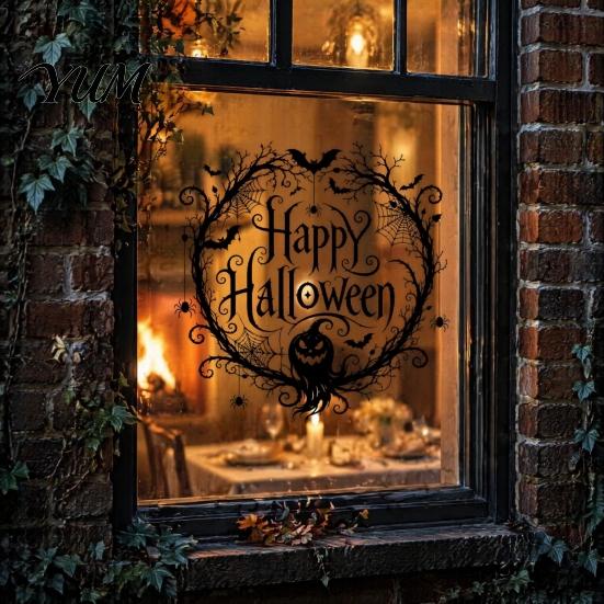 Dark Theme Party Decor Halloween Static Window Clings, Spider Web Pumpkin Happy Glass Translucent Festive Ornaments Decor, Adhesive-Free Clings Decals
