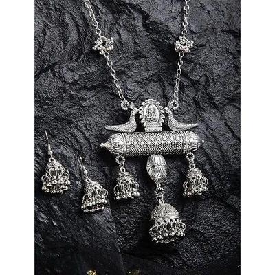 Moda Último Oxidado Plata Alemana Afgano Cadena Larga Colgante Pendientes Collar Juego de Joyas para Mujeres (Plata)
