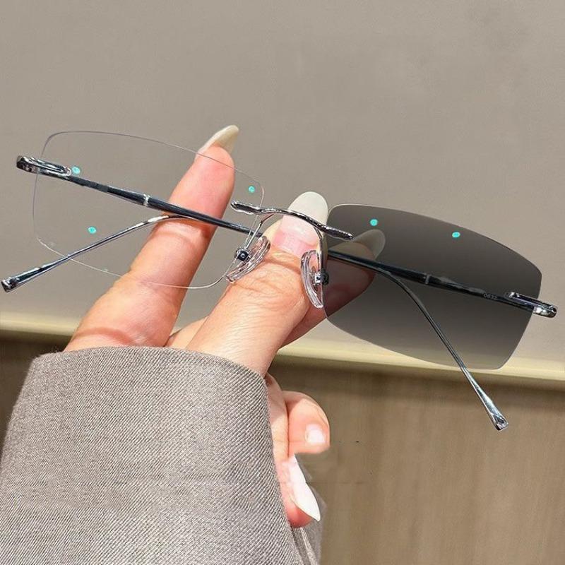 Women Business Style Photochromic Myopia Glasses Unisex Classic Frameless Square Frame Ultralight Anti Blue Light Eyeglasses-4.0