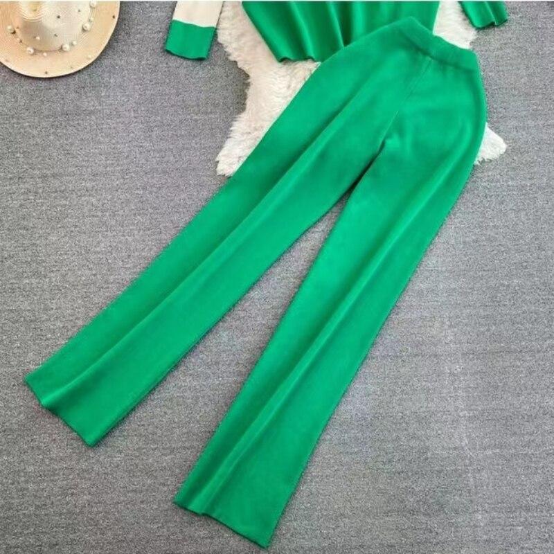 Elegante Damen-Langarmpullover, gestrickt, 2-teilige Anzüge, lässige Damen-Strickpullover, Hemden und lange, breite Beinhosen, zweiteilige Sets