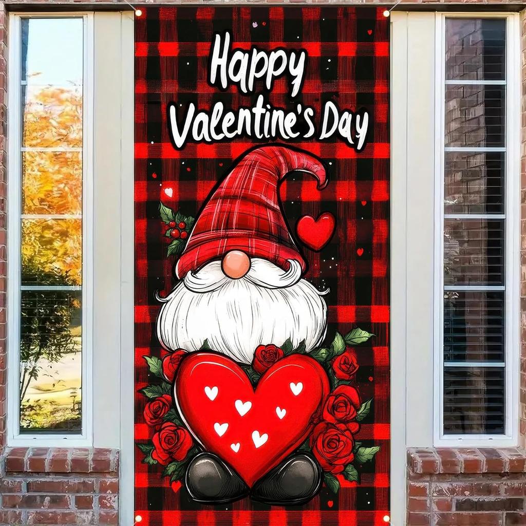 Valentine’s Day Door Cover 71x35 Inch Buffalo Plaid Gnome Door Banner with Heart and Roses Romantic Decoration for Front Door Indoor Outdoor