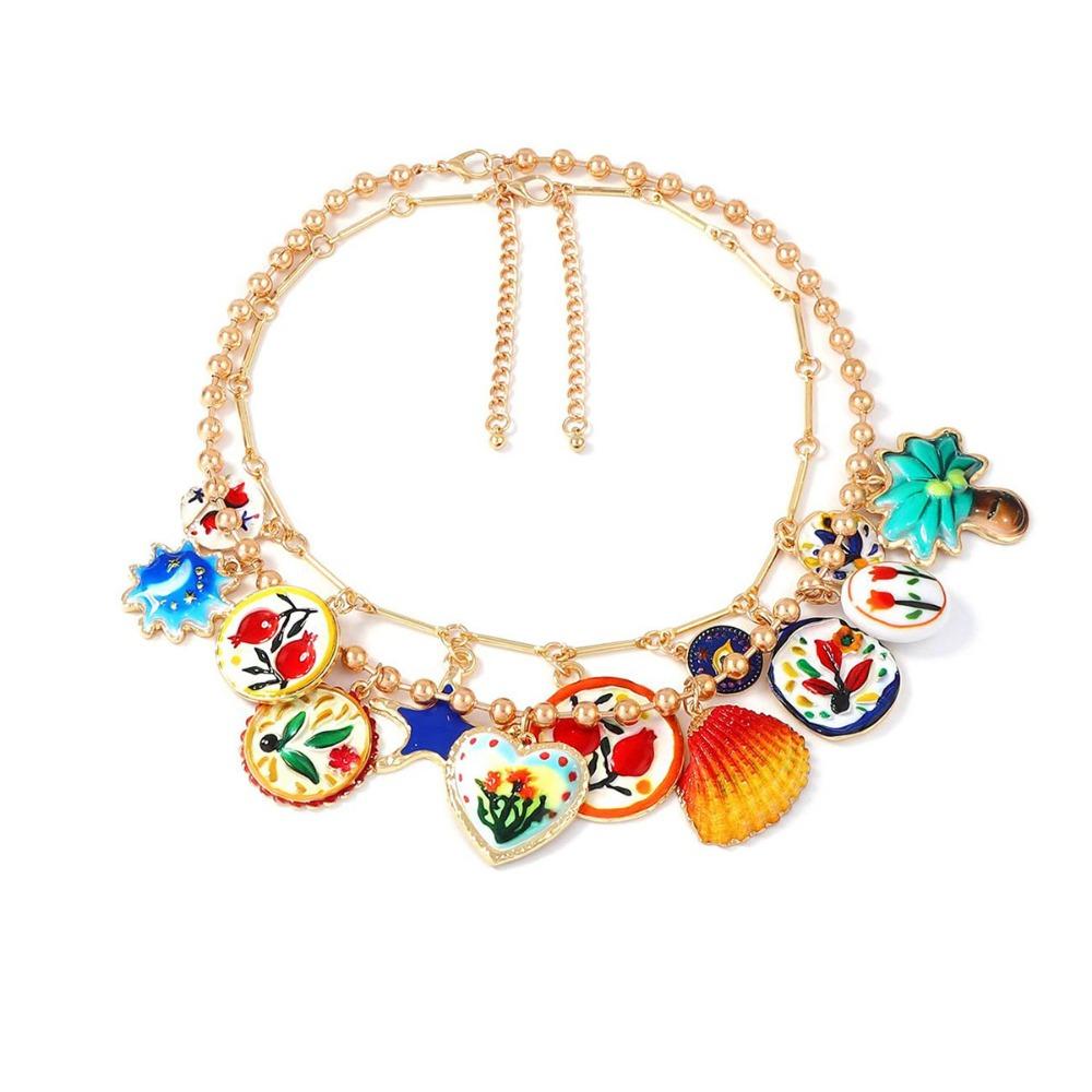 Metal Chain Enamel Floral Necklace Gold Layered Multi Layer Choker Personalized Heart Bohemian Collarbone Chain Spring/Summer WHITE&35cm