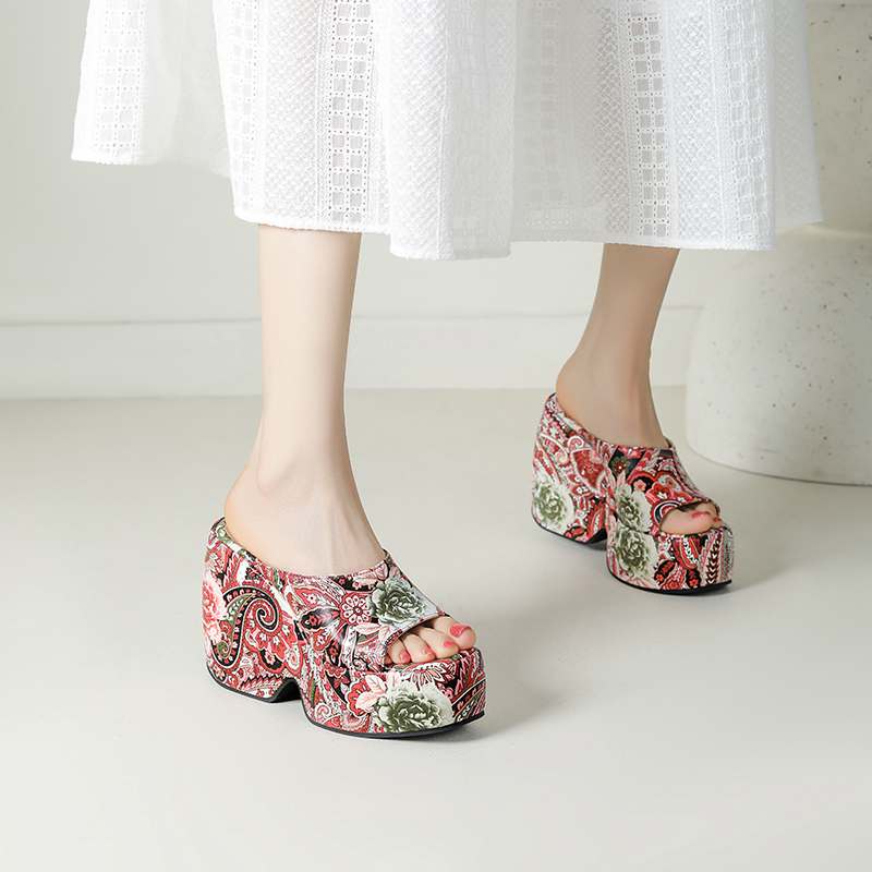 Krazing Pot Mules Polyurethane Spring Summer Size 43 Size 42 Summer Prints Skin Women Platform Women Peep Toe Slip On Sandals
