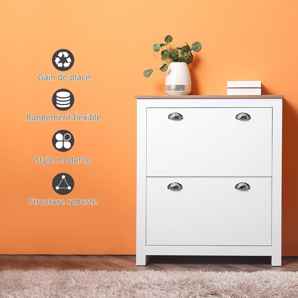 Mobiletto Portascale a 2 Cassetti Moderno Stretto Organizzatore in Legno per Corridoio con Ante a Ribalta Scaffale Regolabile per 6-12 Paia, Bianco