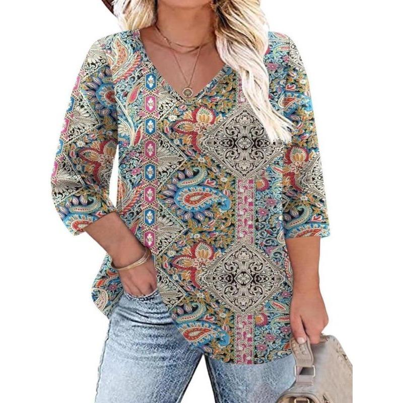 Women s Bohemian Print V-Neck Long Sleeve Casual Blouses T-shirt S