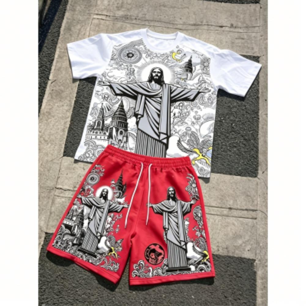 Europe and America Fashion JESUS Printing Outdoor Street Men's T-shirt and Shorts 2 Piece Set Summer Casual Outfit Men's and Women's Sports Set