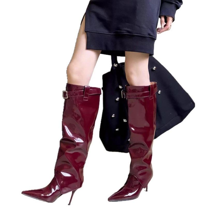 Autumn Winter New Two Wearing Slim Leg Patent Leather High Boots Women, Pointed High Heels, Thin Heels, Belt Buckle Long Boots
