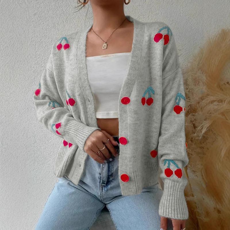 Women S Casual Cherry Pattern Knit Cardigan V Neck Loose Fit Button Detail Sweet Sweater
