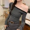 Chic Gray Striped One-Shoulder Long-Sleeve T-Shirt - Women's Autumn Korean Style Slim Fit Off-Shoulder Top