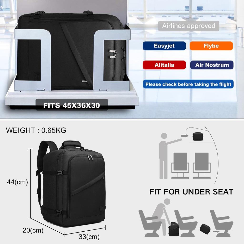 Kono Carry On Backpack Easyjet Cabin Bag 45x36x20cm Underseat Travel Hand Luggage Cabin Size for Airplanes 30L