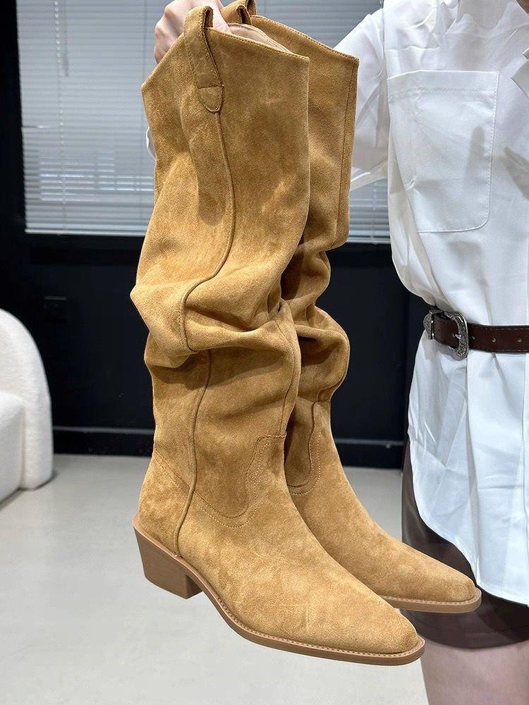 Fashion High Boots for Women Suede Pointed Toe Designer Shoes Mid Heels Fashion Pumps 2025 Winter New Chelsea Boots Femme Zapatillas