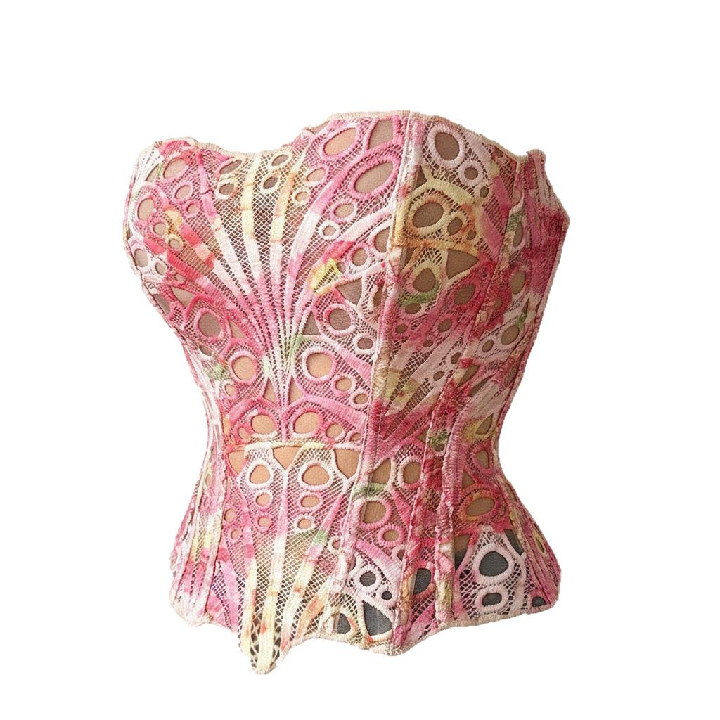 Corsetto da Corte in Rete Traspirante Corsetto Sexy Top Svuotato Pizzo Irregolare Doppio Strato Modellante Camicia a Canotta Chic