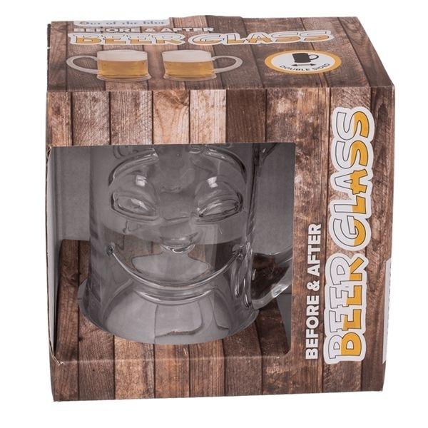 Bierkrug Doppelter Gesichtsausdruck vor und nach einem Bier