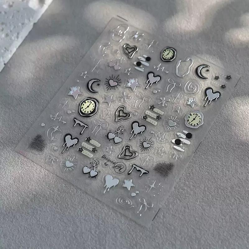 Anello Annuale Lava Argentata Orologio Ciliegia Orologio Starburst Cuore d'Amore Grafico Battito Cardiaco Luna Stella Linea Nodo Linea Adesivi Decalcomanie per Unghie