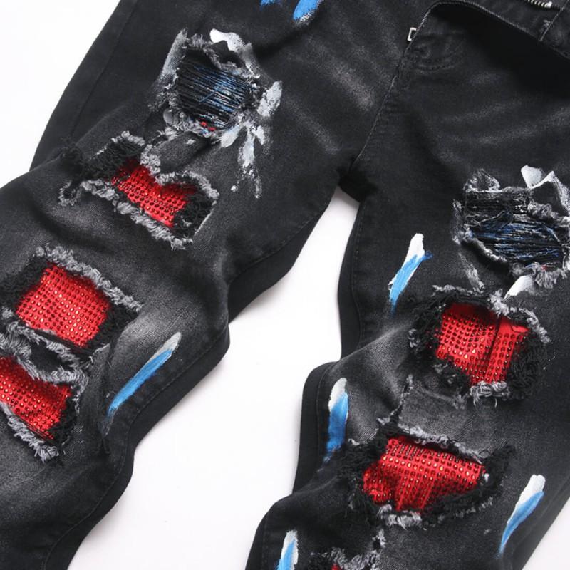 Jeans Neri da Uomo Slim Fit in Denim con Dettagli Strappati Impreziositi da Strass Cotone Elasticizzato