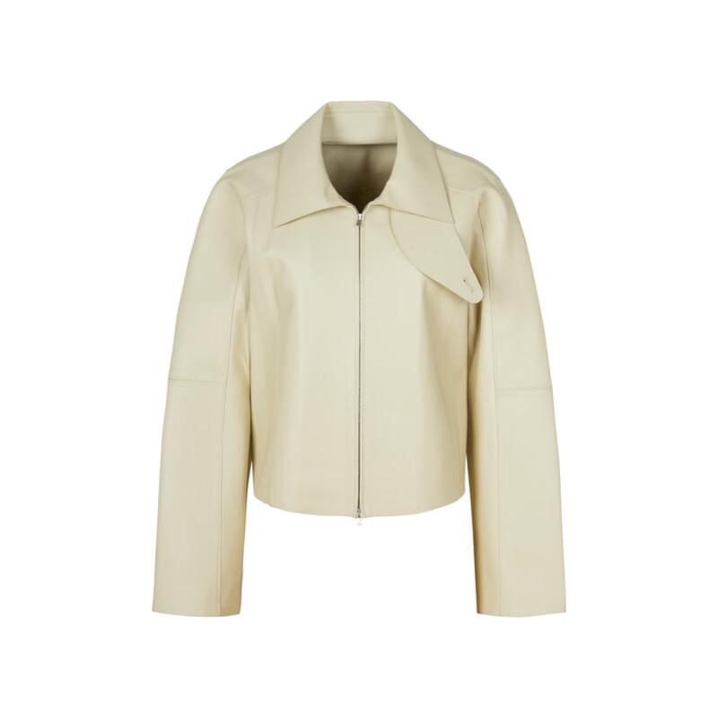 LESS 2024 Spring Lambskin Turn-down Collar Zip Leather Jacket