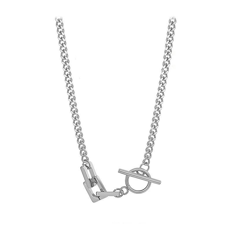 

Hollow square OT buckle titanium steel necklace men and women trendy cool personality street hiphop hip hop collarbone chain jewelry