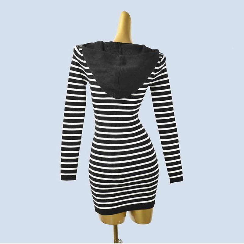 Niche Style Sexy Sexy Fashion Younger Hoodie Zipper Stripes French Style Temperament Hip Bag Dress Autumn and Winter Women