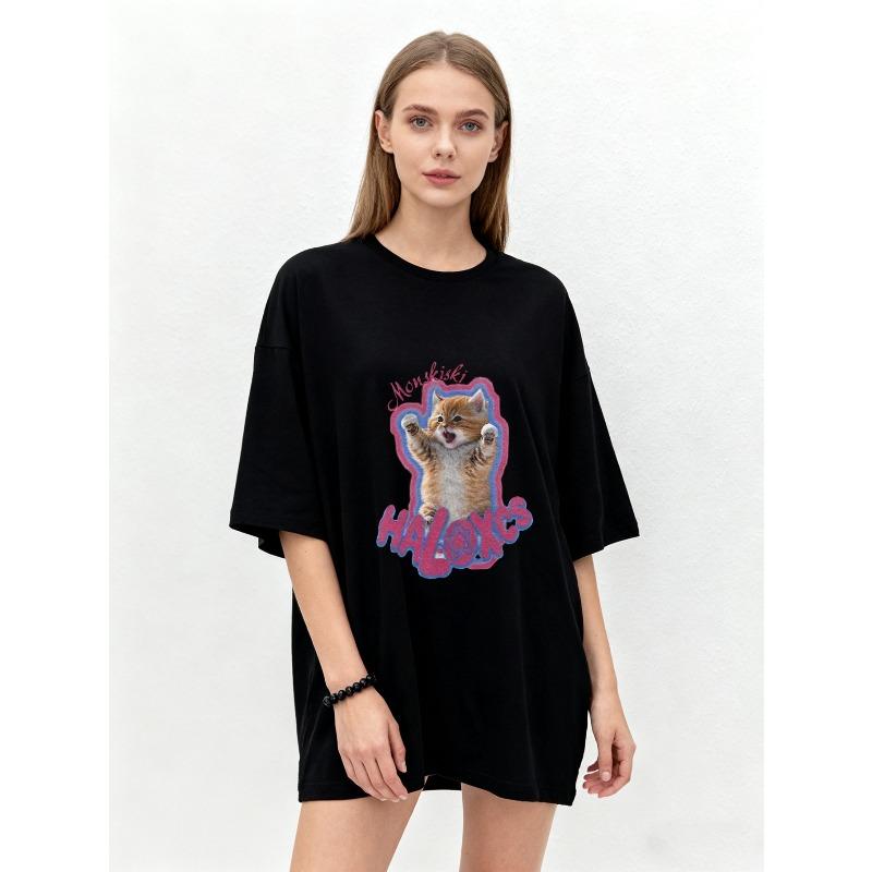 Oversized T Shirt Black Cat Print With Monchhichi Halo Text Casual Streetwear For Women